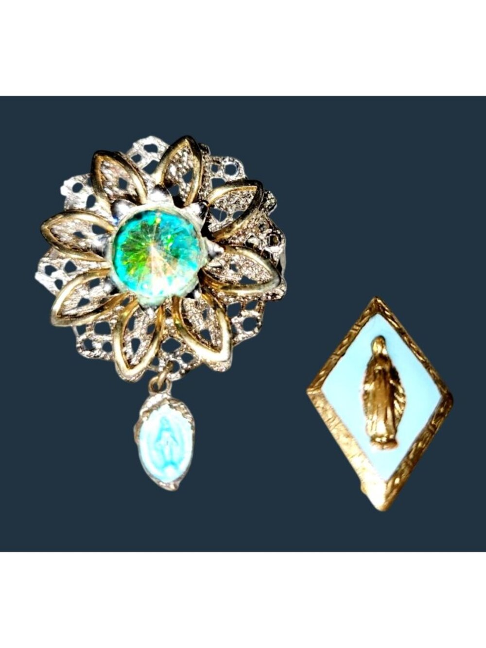 VTG Catholic AB Center Stone Virgin Mary Brooch, Antique Miraculous Medal Pin